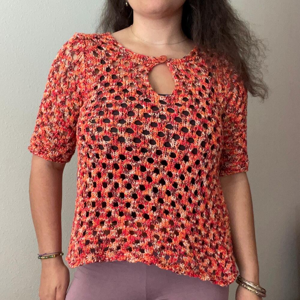 70s vintage handmade crochet orange red loose knit top boho festival